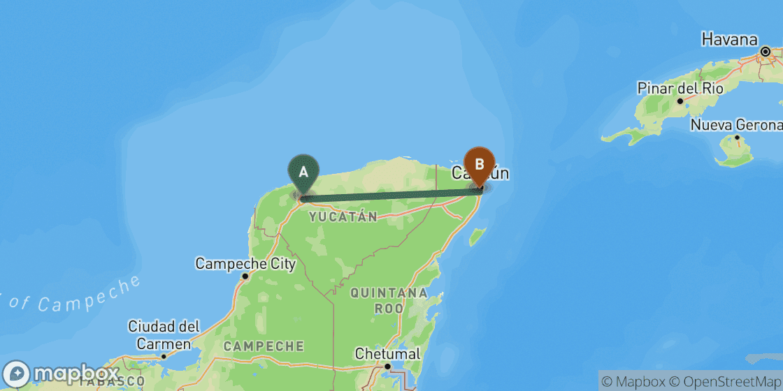 Map showing route from Merida to Cancun - 291 km