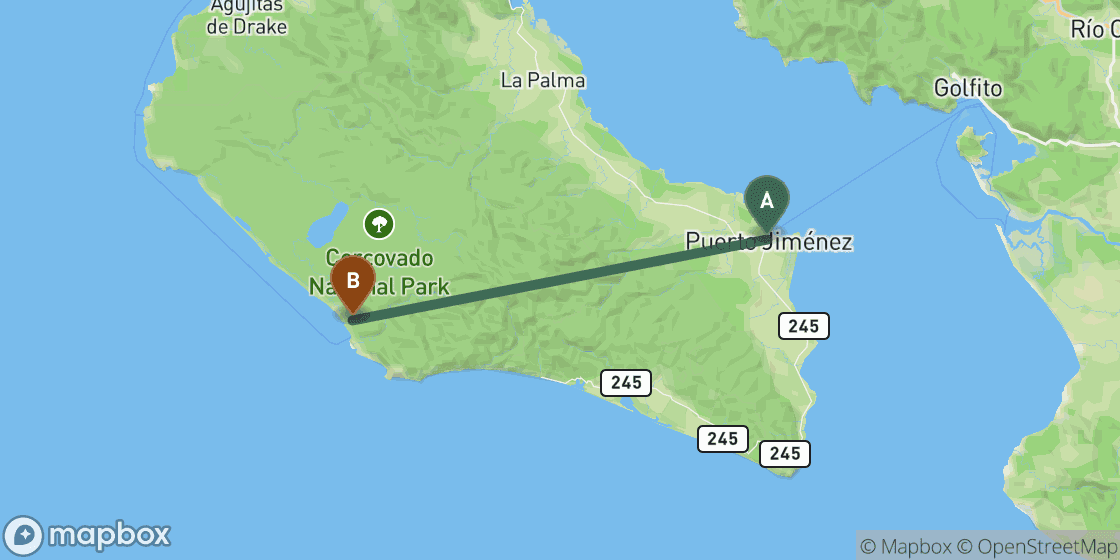 Map showing route from Puerto Jimenez to Corcovado - 32 km