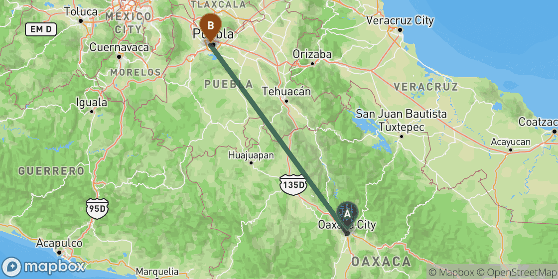 Map showing route from Oaxaca to Puebla - 248 km