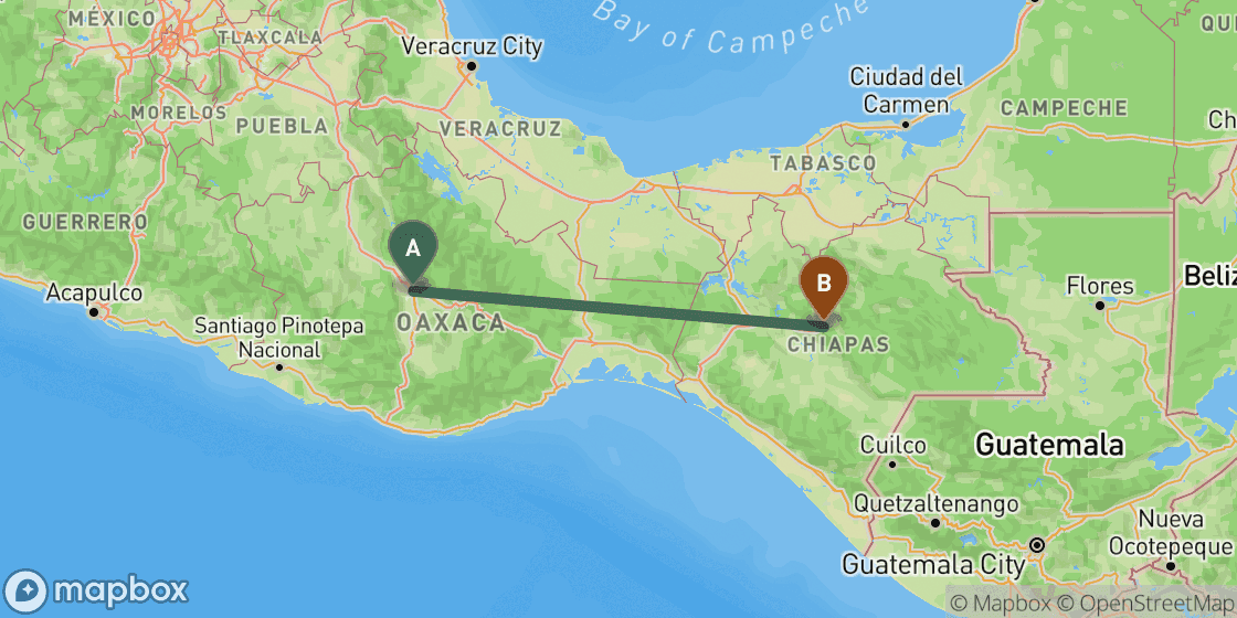 Map showing route from Oaxaca to San Cristobal de las Casas - 436 km