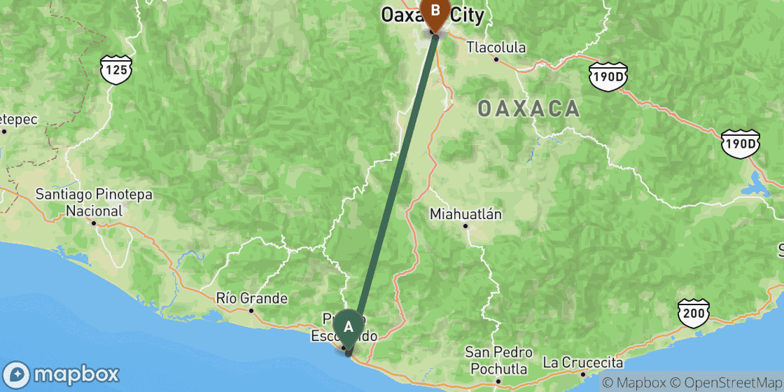 Map showing route from Puerto Escondido to Oaxaca - 139 km