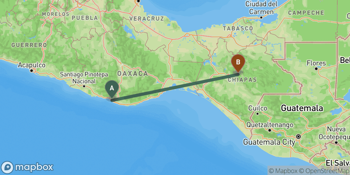 Map showing route from Puerto Escondido to San Cristobal de las Casas - 483 km
