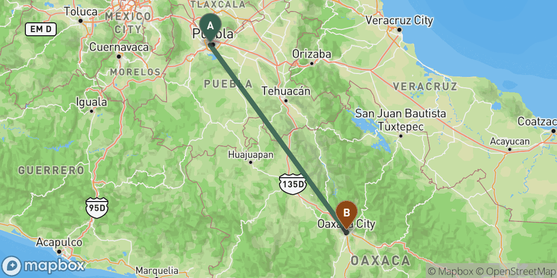 Map showing route from Puebla to Oaxaca - 248 km