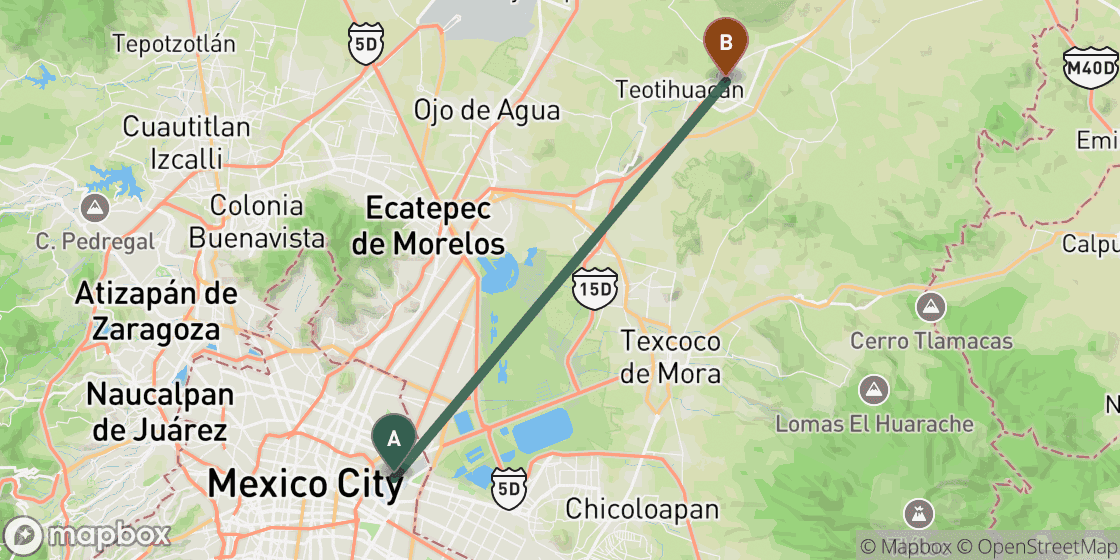 Map showing route from Mexico City to Teotihuacan - 49 km