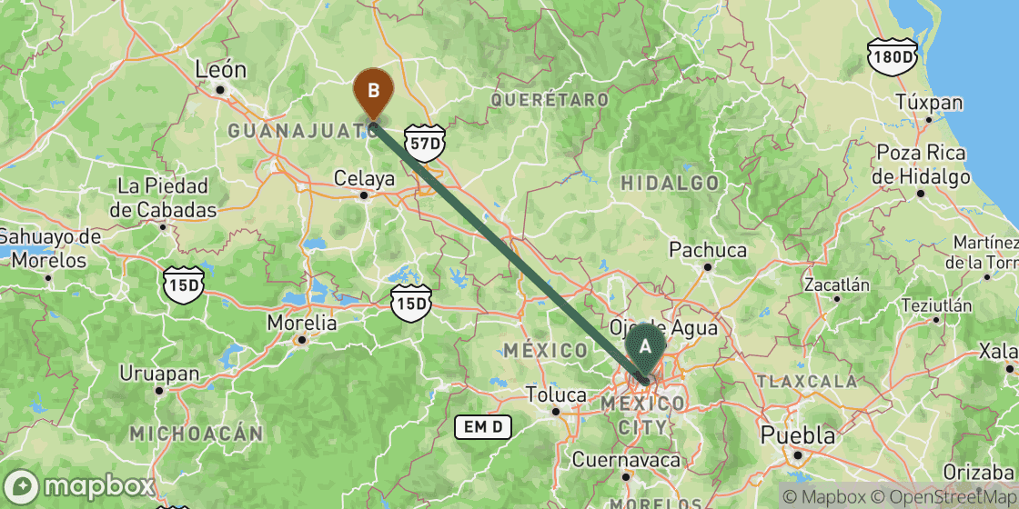 Map showing route from Mexico City to San Miguel de Allende - 242 km