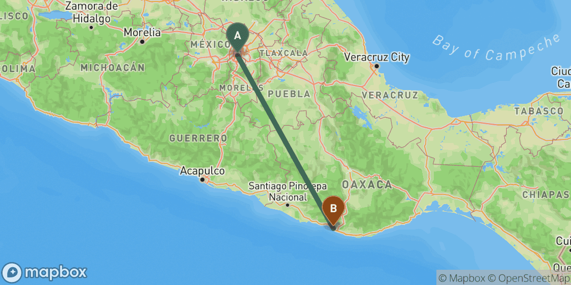 Map showing route from Mexico City to Puerto Escondido - 446 km