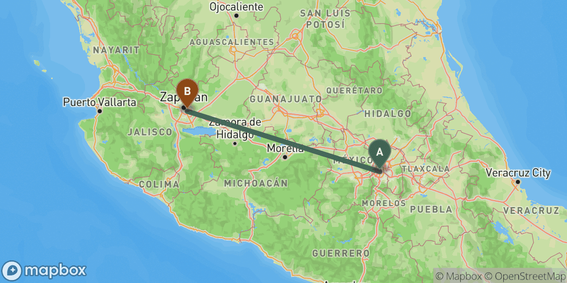 Map showing route from Mexico City to Guadalajara - 463 km