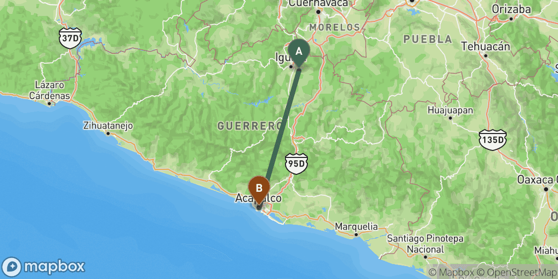Map showing route from Mexico City to Acapulco - 288 km