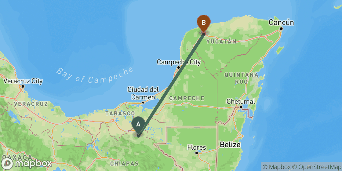 Map showing route from Palenque to Merida - 464 km