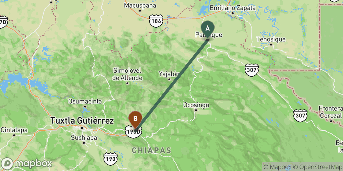 Map showing route from Palenque to San Cristobal de las Casas - 104 km