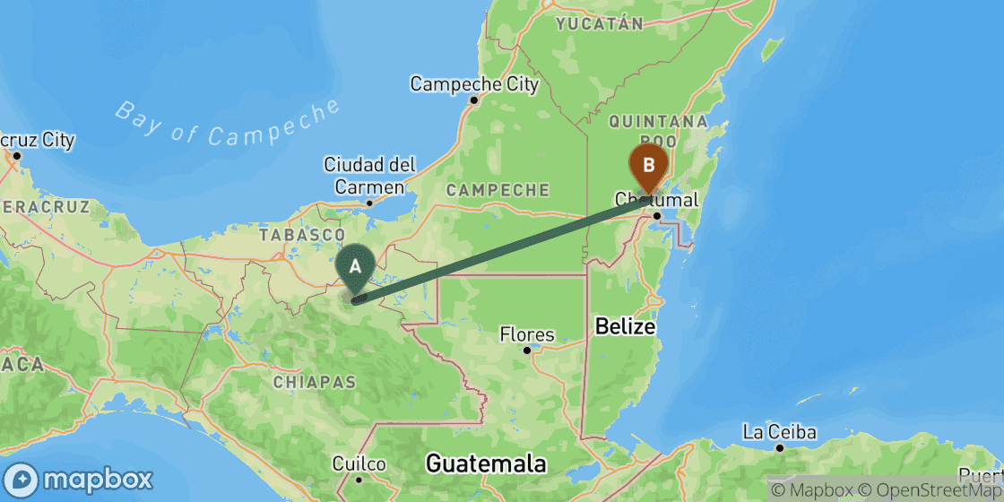 Map showing route from Palenque to Bacalar - 409 km