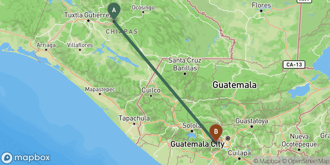 Kaart met de route van San Cristobal de las Casas naar Antigua - 317 km
