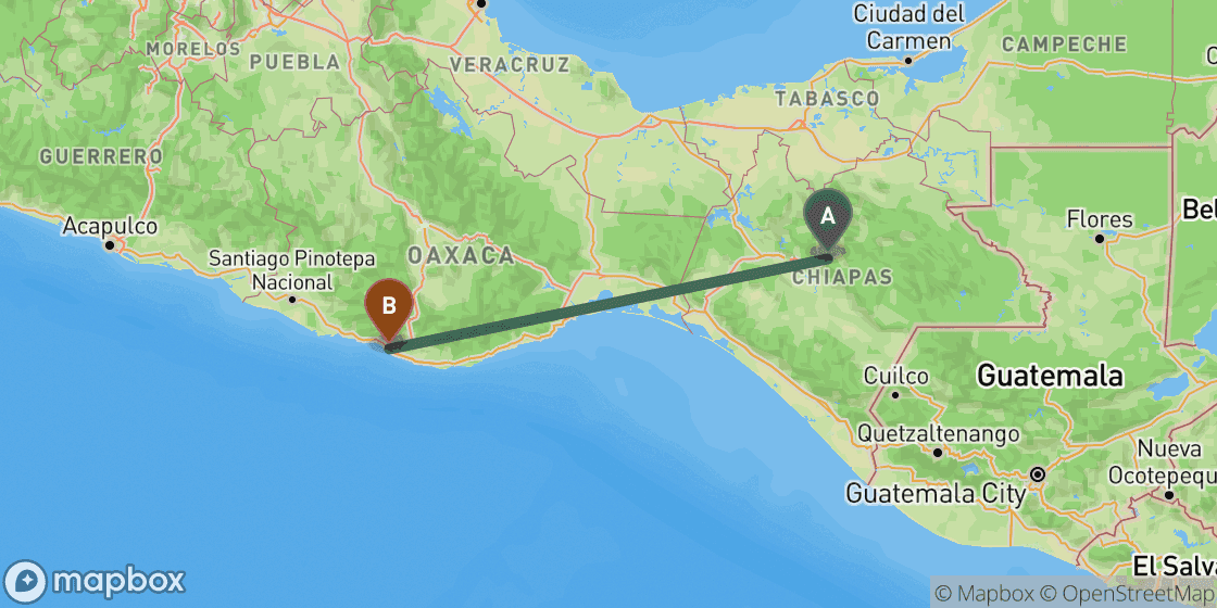 Map showing route from San Cristobal de las Casas to Puerto Escondido - 483 km