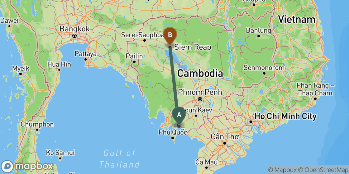 Map showing route from Kampot to Siem Reap - 309 km