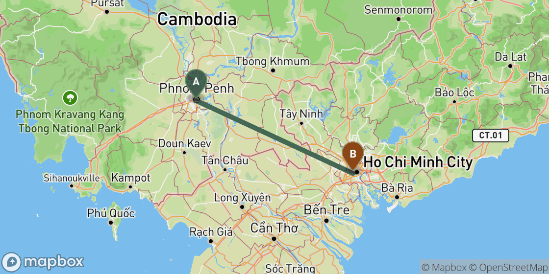 Mapa que muestra la ruta de Phnom Penh a Ho Chi Minh - 213 km