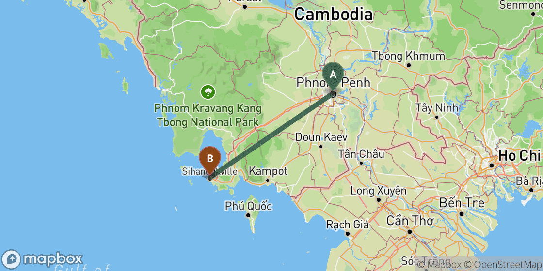 Map showing route from Phnom Penh to Sihanoukville - 186 km