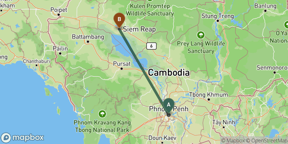 Map showing route from Phnom Penh to Siem Reap - 230 km