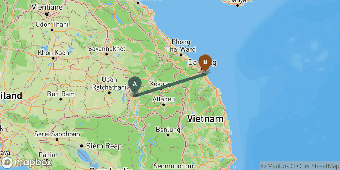 Map showing route from Pakse to Hoi An - 286 km