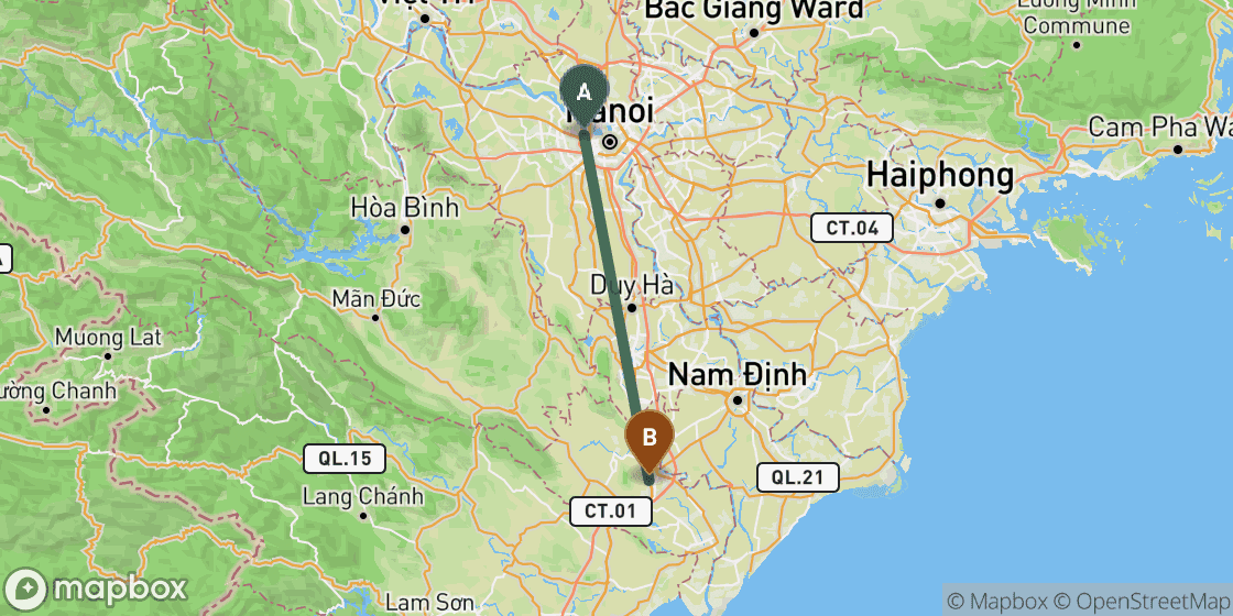 Map showing route from Hanoi to Ninh Binh - 90 km