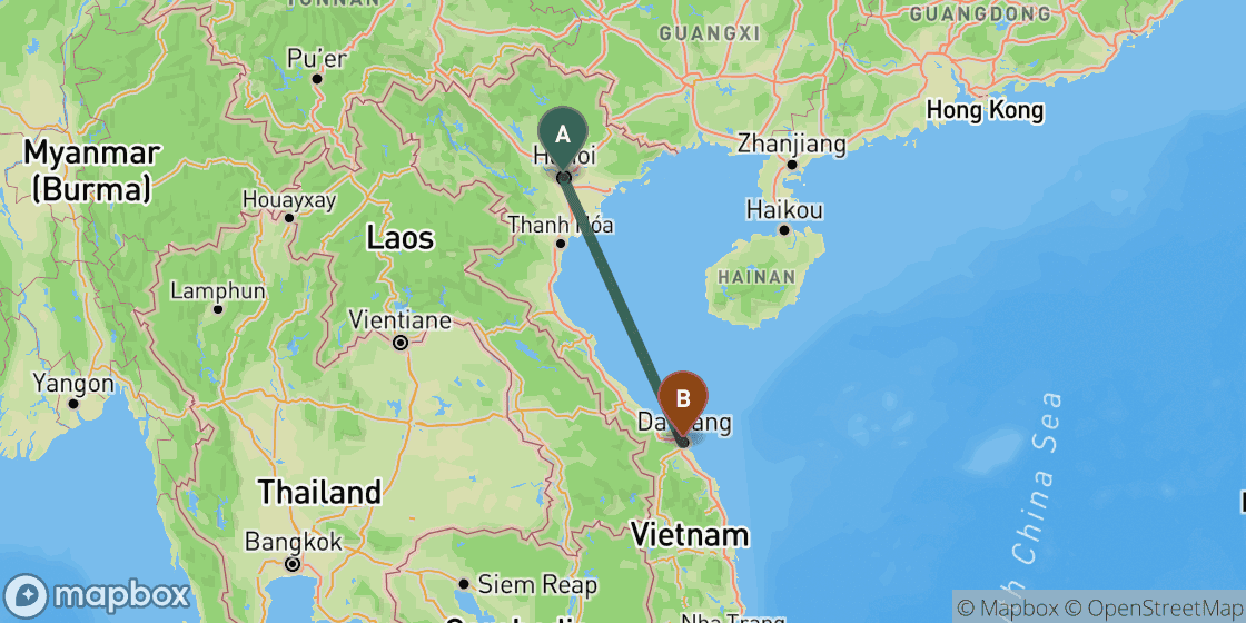 Map showing route from Hanoi to Da Nang - 605 km