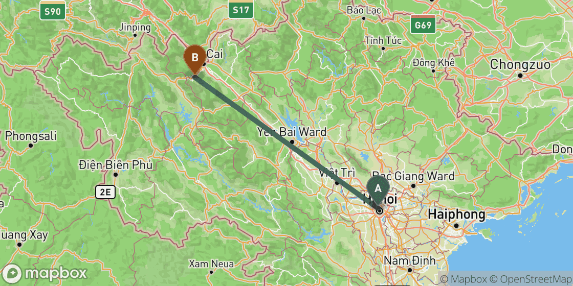 Map showing route from Hanoi to Sapa - 253 km