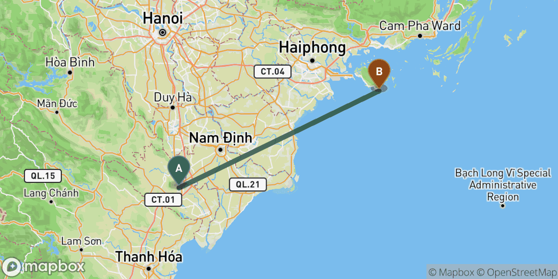 Map showing route from Ninh Binh to CatBa - 124 km