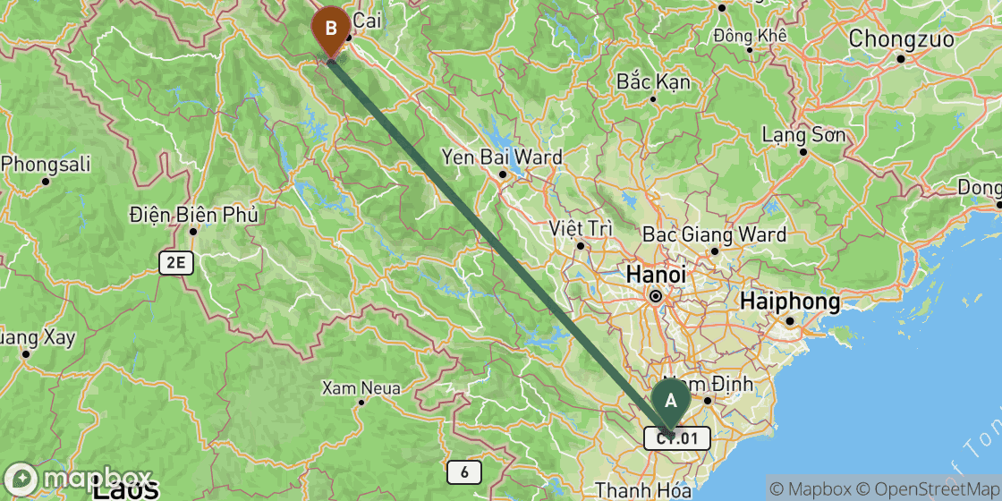 Map showing route from Ninh Binh to Sapa - 320 km