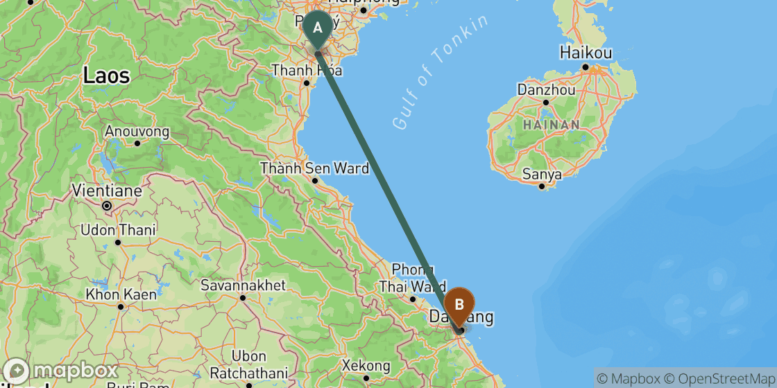 Map showing route from Ninh Binh to Da Nang - 522 km