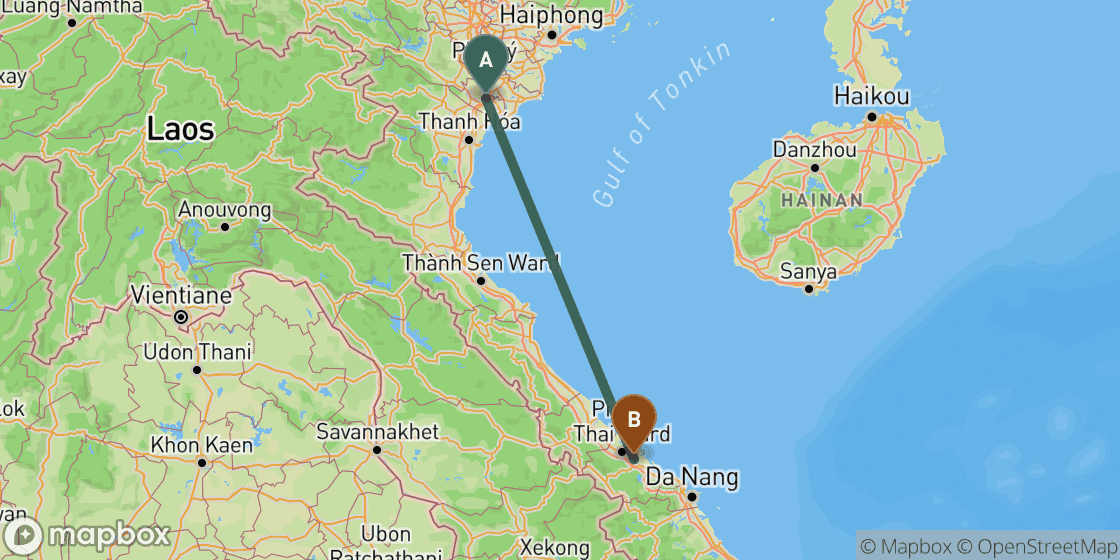 Map showing route from Ninh Binh to Hue - 455 km