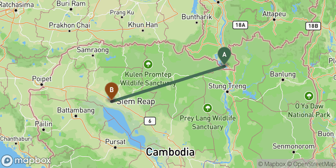 Map showing route from Don Det to Siem Reap - 233 km