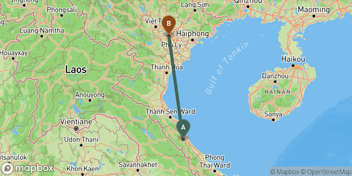 Map showing route from Phong Nha to Hanoi - 383 km