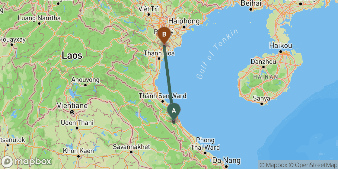 Map showing route from Phong Nha to Ninh Binh - 292 km