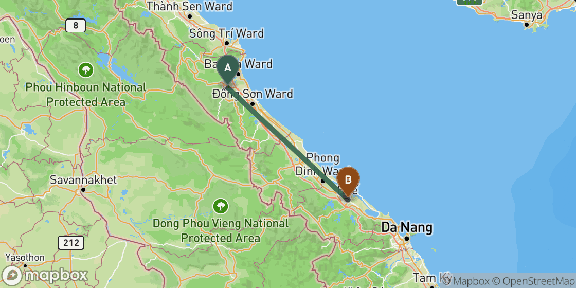 Map showing route from Phong Nha to Hue - 186 km