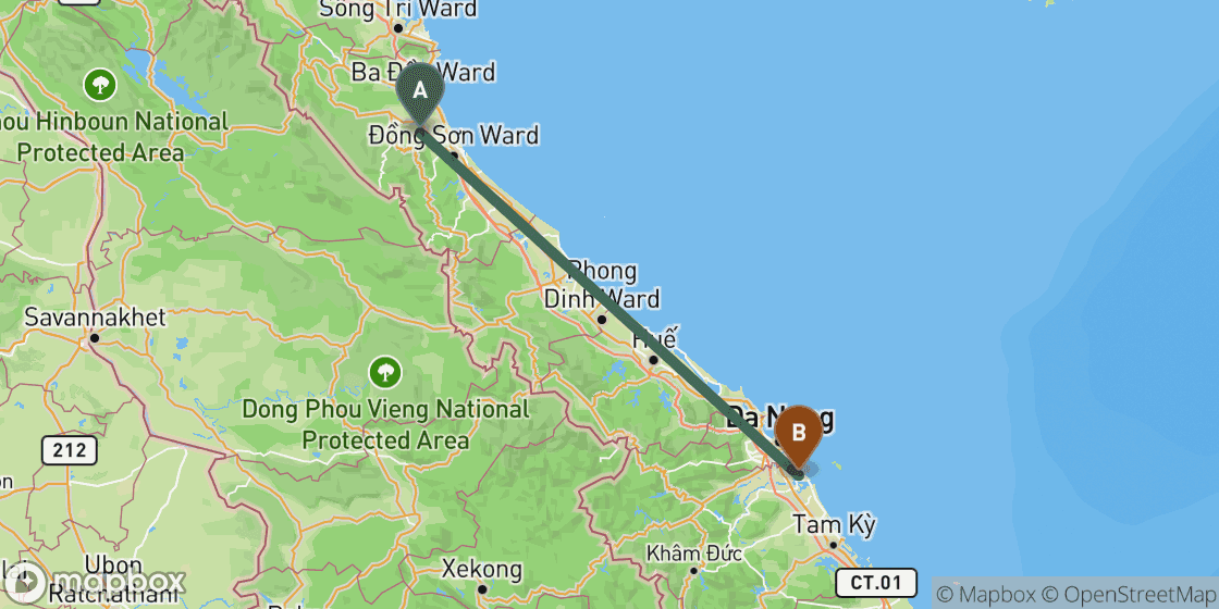 Map showing route from Phong Nha to Hoi An - 289 km