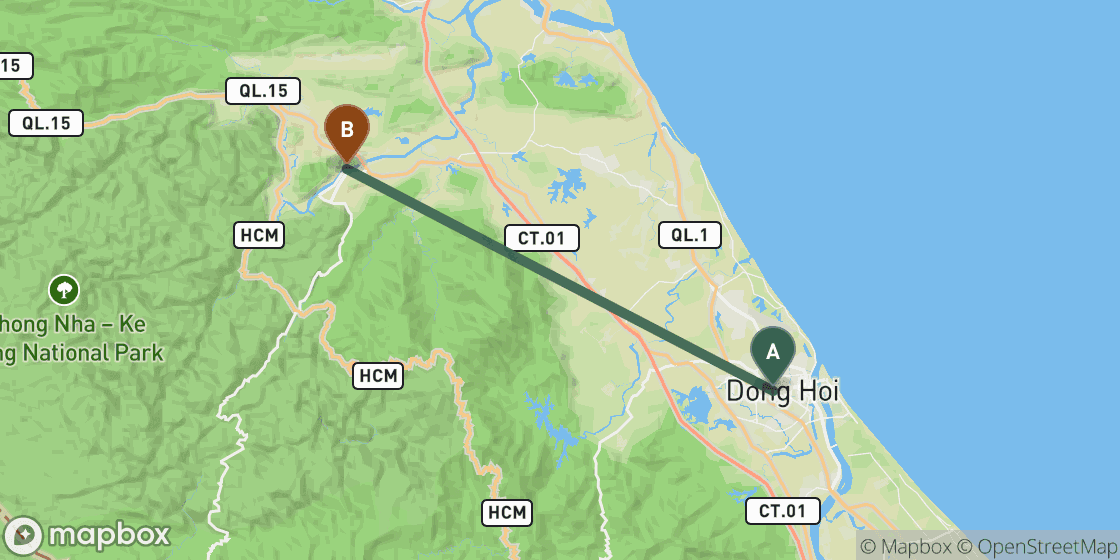 Map showing route from Dong Hoi to Phong Nha - 35 km