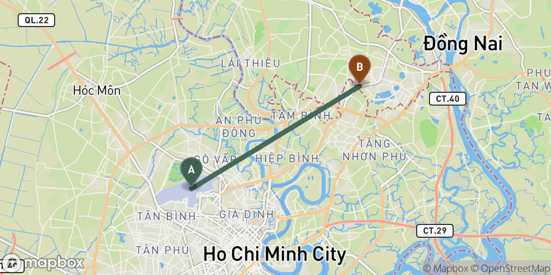 Map showing route from Ho Chi Minh Airport to Ho Chi Minh City Centre - 7 km