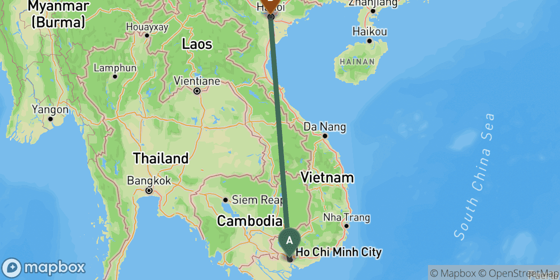Map showing route from Ho Chi Minh to Hanoi - 1,143 km