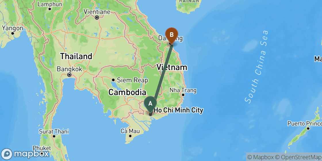 Map showing route from Ho Chi Minh to Hoi An - 594 km