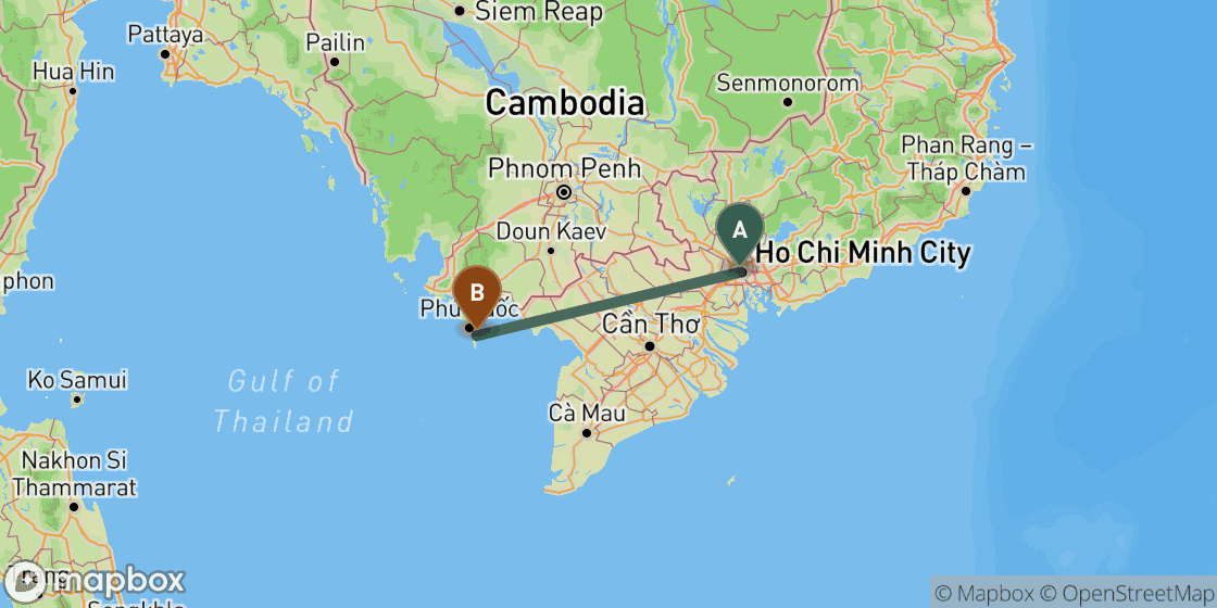 Map showing route from Ho Chi Minh to Phu Quoc - 306 km