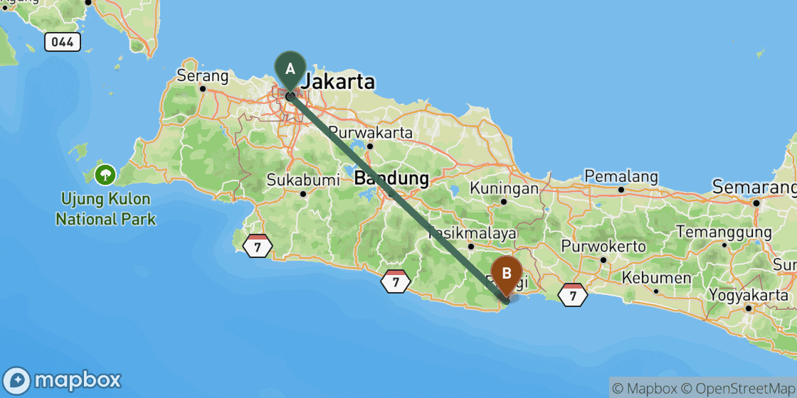 Map showing route from Jakarta to Batu Karas - 254 km