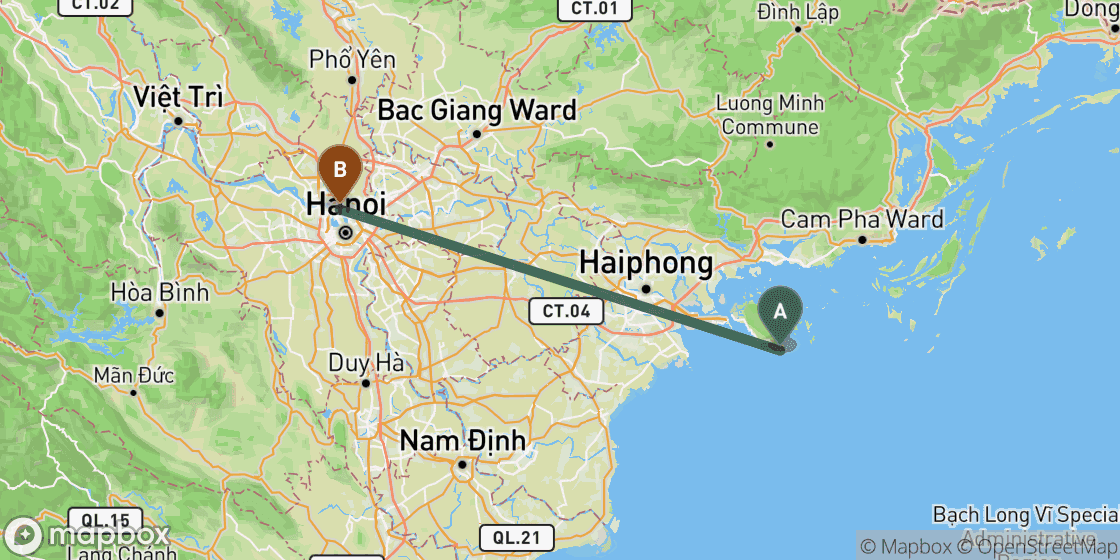 Map showing route from CatBa to Hanoi - 130 km