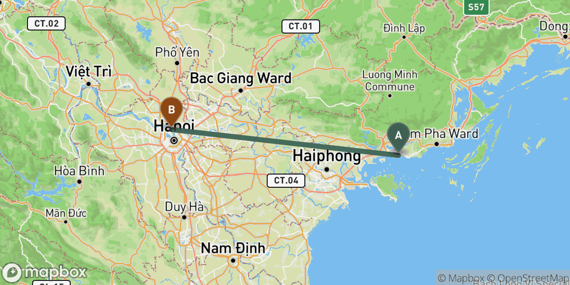 Map showing route from Halong Bay to Hanoi - 142 km