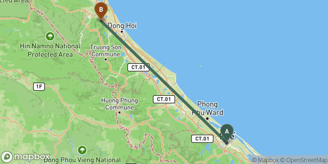 Map showing route from Hue to Phong Nha - 186 km