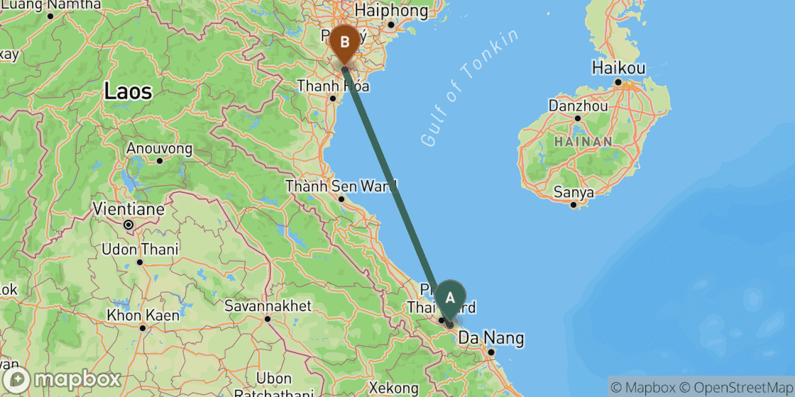 Map showing route from Hue to Ninh Binh - 453 km