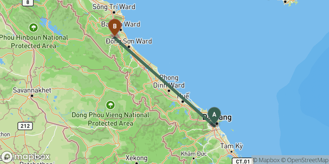 Map showing route from Hoi An to Phong Nha - 289 km