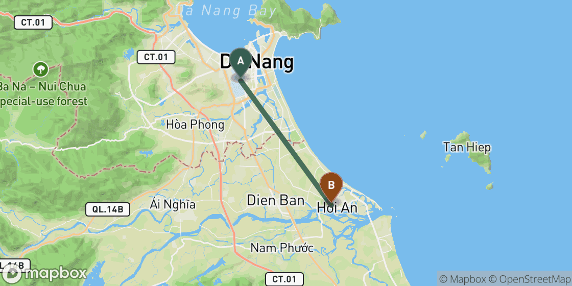 Map showing route from Danang Airport to Da Nang City Centre - 30 km