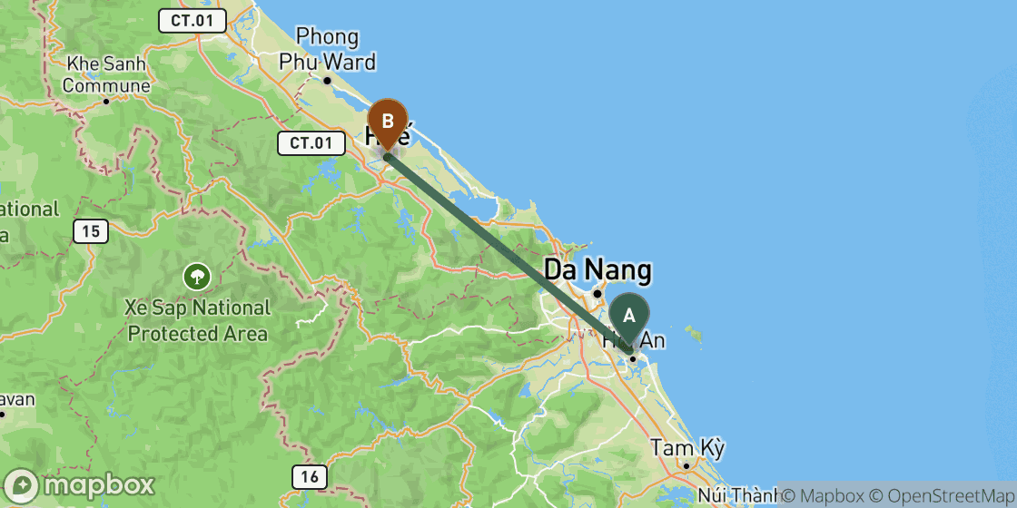 Map showing route from Hoi An to Hue - 103 km