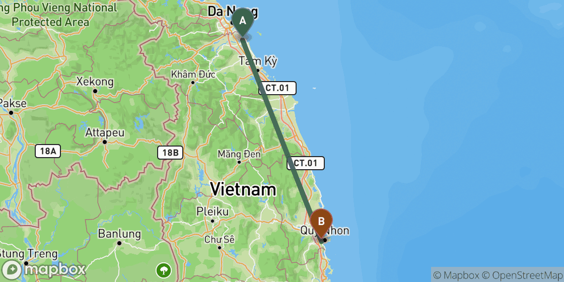 Map showing route from Hoi An to Quy Nhon - 254 km