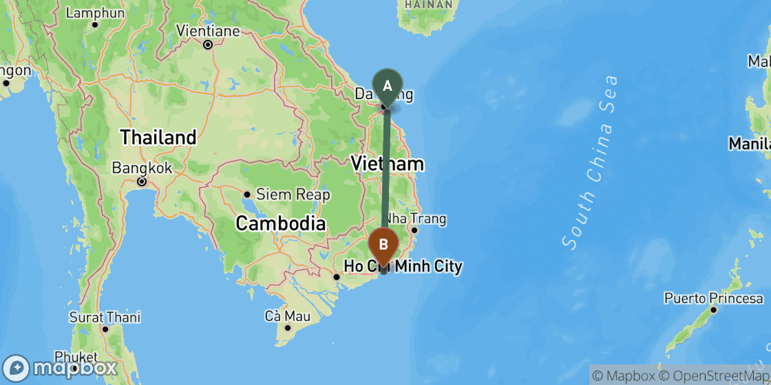 Map showing route from Hoi An to Mui Ne - 544 km
