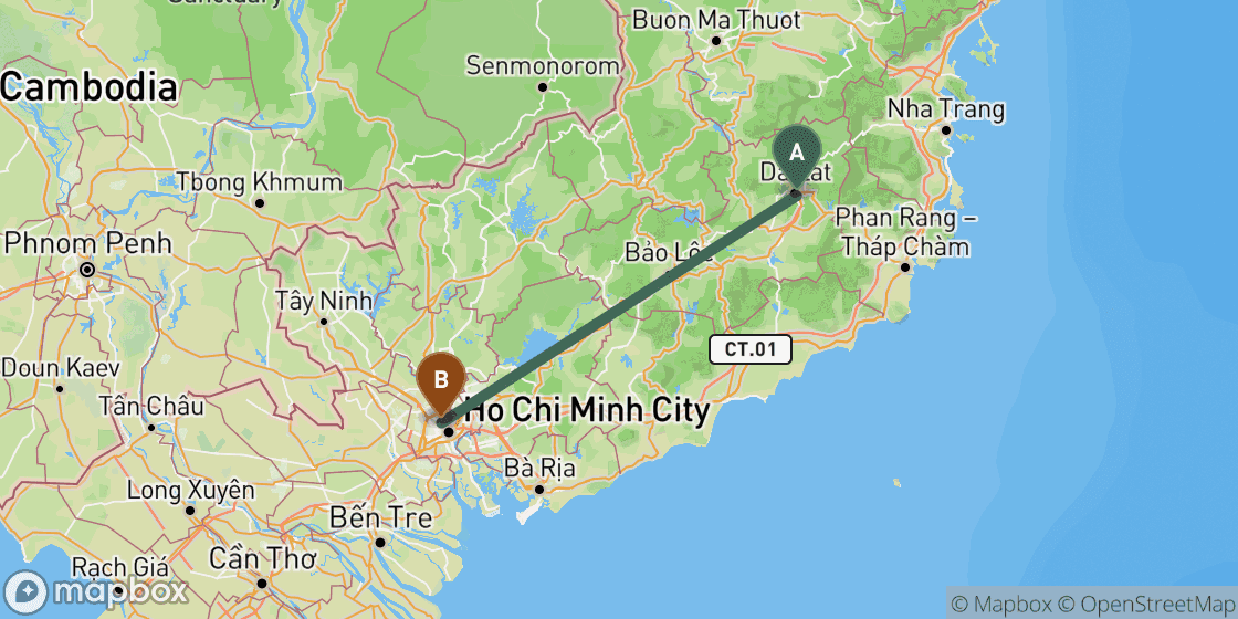 Map showing route from Dalat to Ho Chi Minh - 229 km